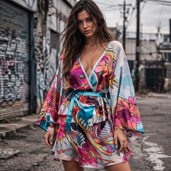 Ed Hardy Dresses & Skirts - Women's Ed Hardy kimono style dress sexy rocker small rocker small
